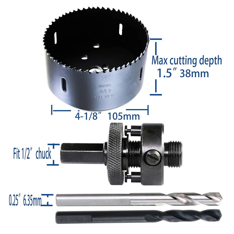 wowsupm 4-1/8 Inch HSS Bi Metal Hole Saw Cutter with Arbor Heavy Duty Hole Saw Bit Cutting Depth 1.5” for Drywall Thick Wood PVC Metal Aluminum - Image 2